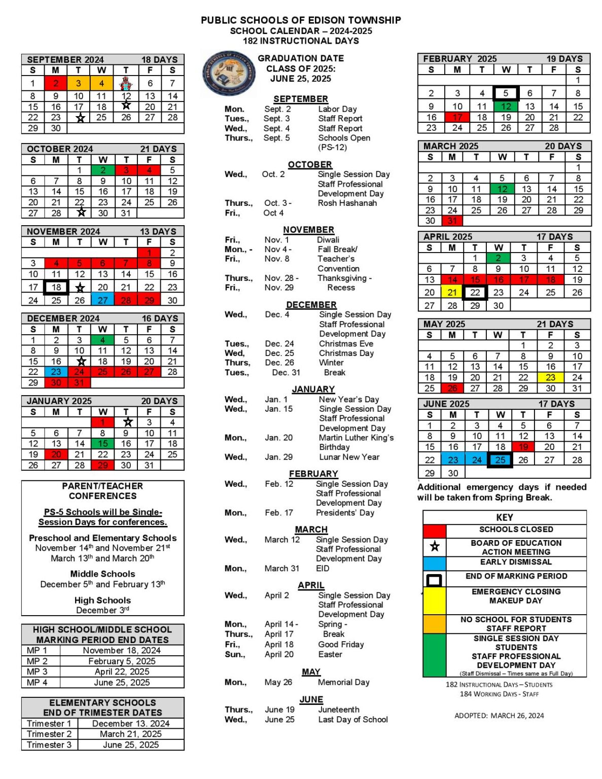 Edison Township Public Schools Calendar 2025 in PDF