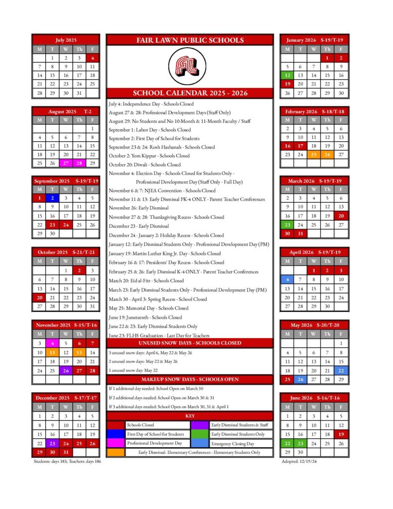 Fair Lawn Public Schools Calendar 2025-2026