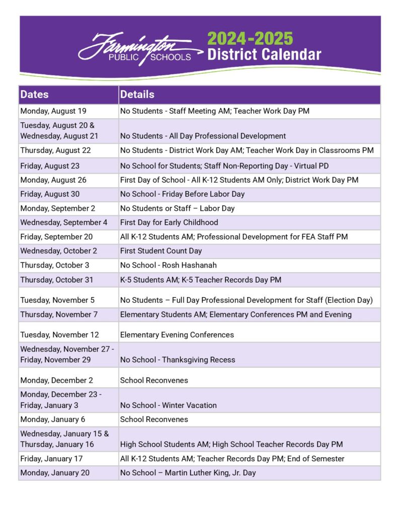 Farmington Public Schools Calendar