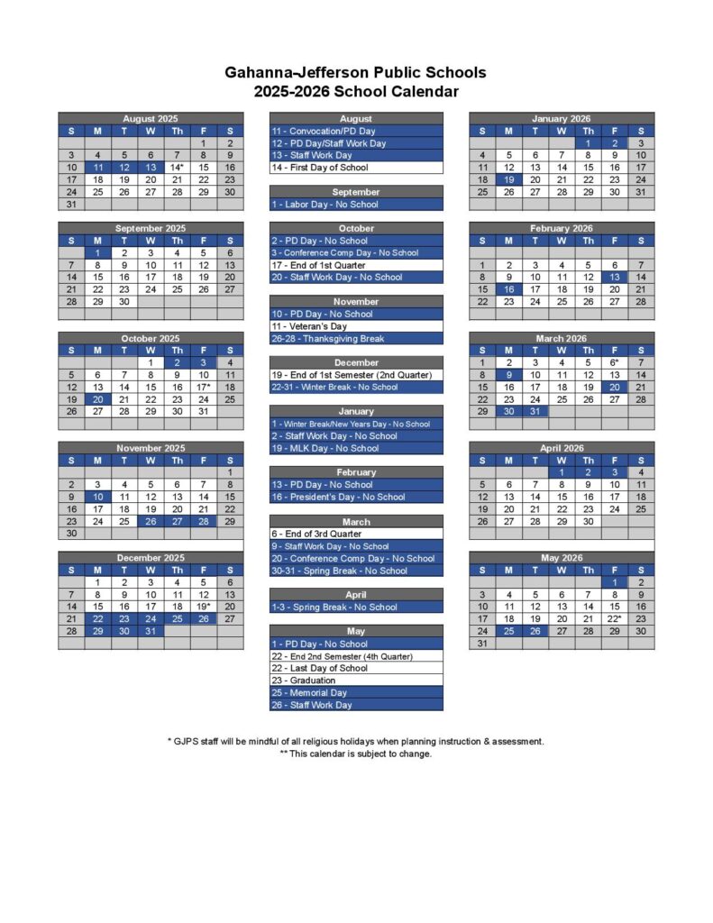 Gahanna-Jefferson Public Schools Calendar 2025-2026