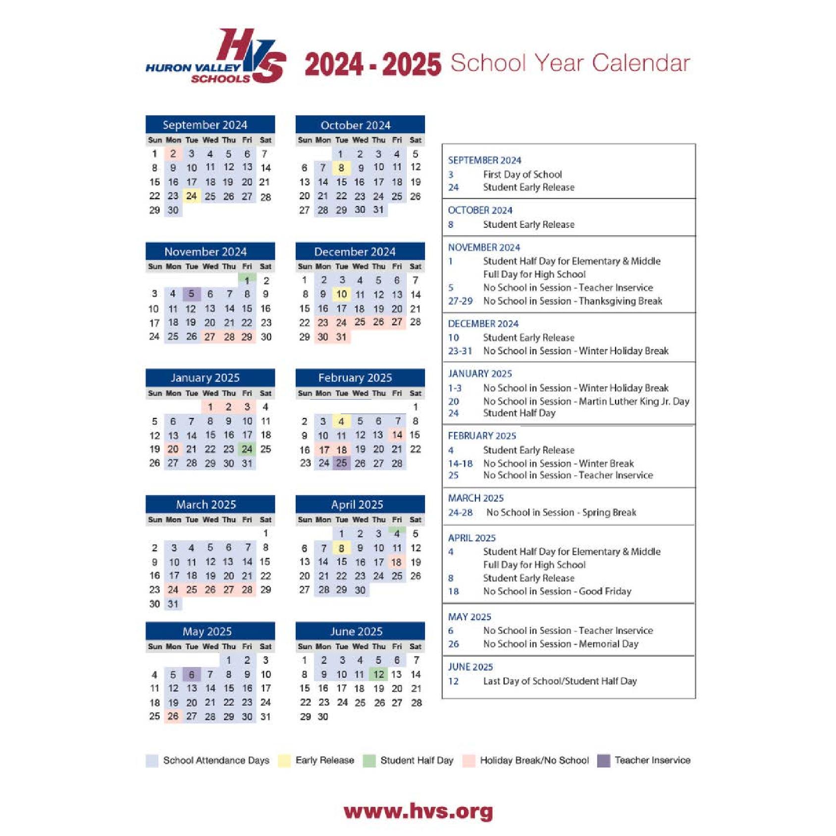 Huron Valley Schools Calendar 2025 in PDF Huron Valley Schools Calendar 2025 in PDF