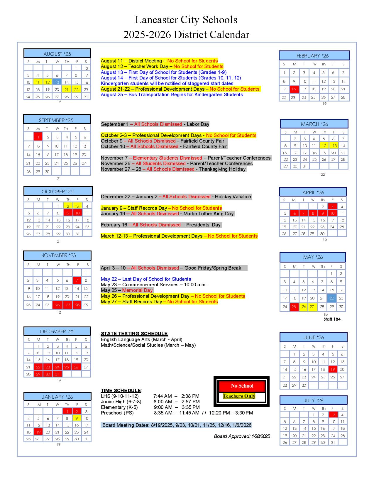 Lancaster City Schools Calendar 20252026 in PDF