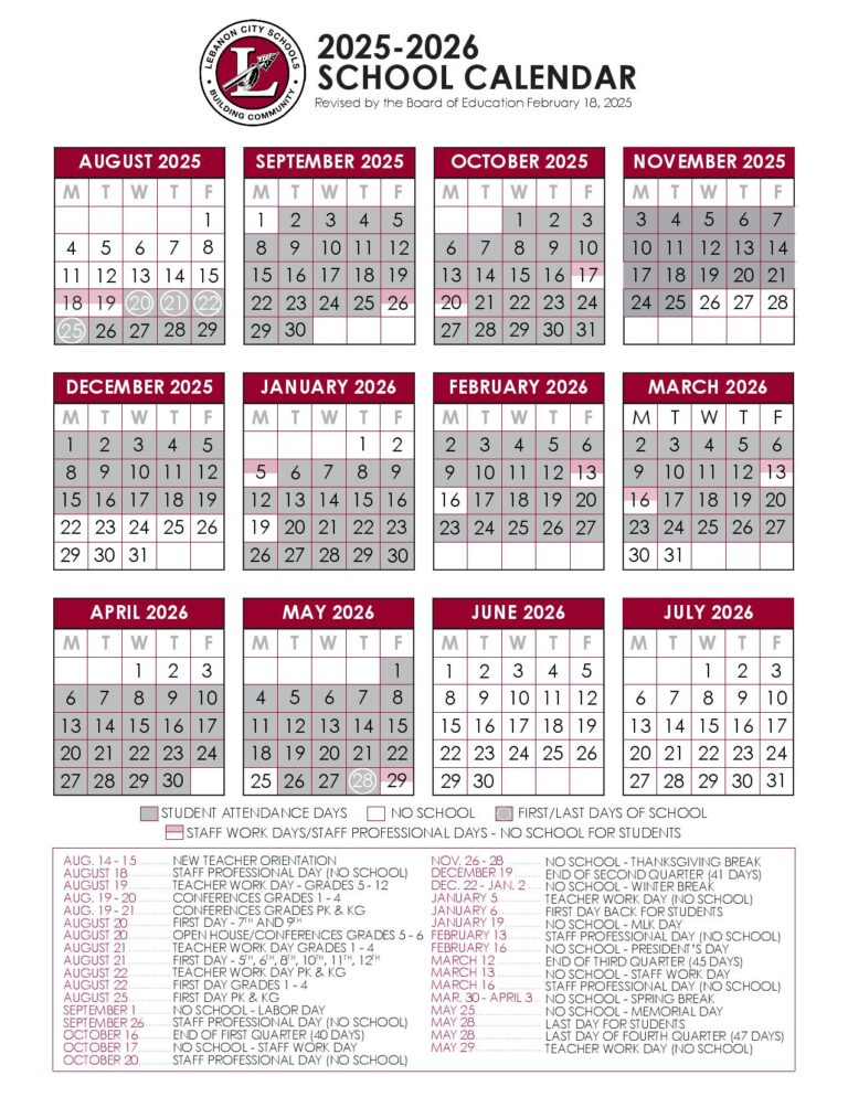 Lebanon City School District Calendar 20252026 in PDF