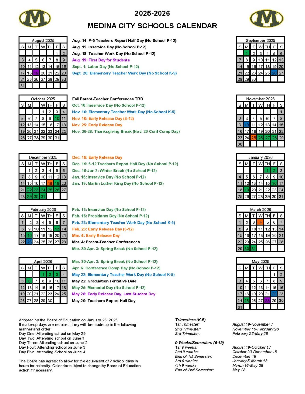 Medina City Schools Calendar 2025 2026 in PDF Medina City Schools Calendar 2025 2026 in PDF