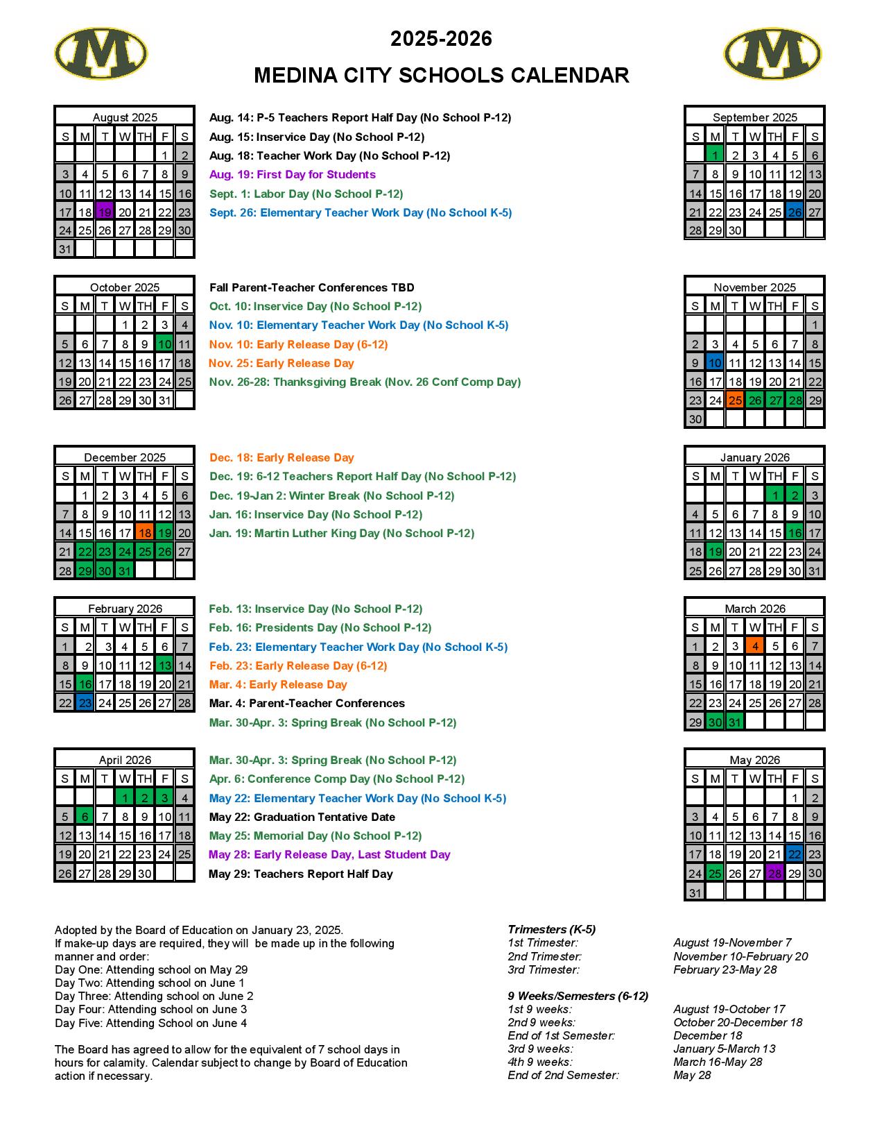 Medina City Schools Calendar 20252026 in PDF