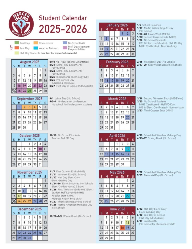 Mercer Island School District Calendar 20252026 in PDF