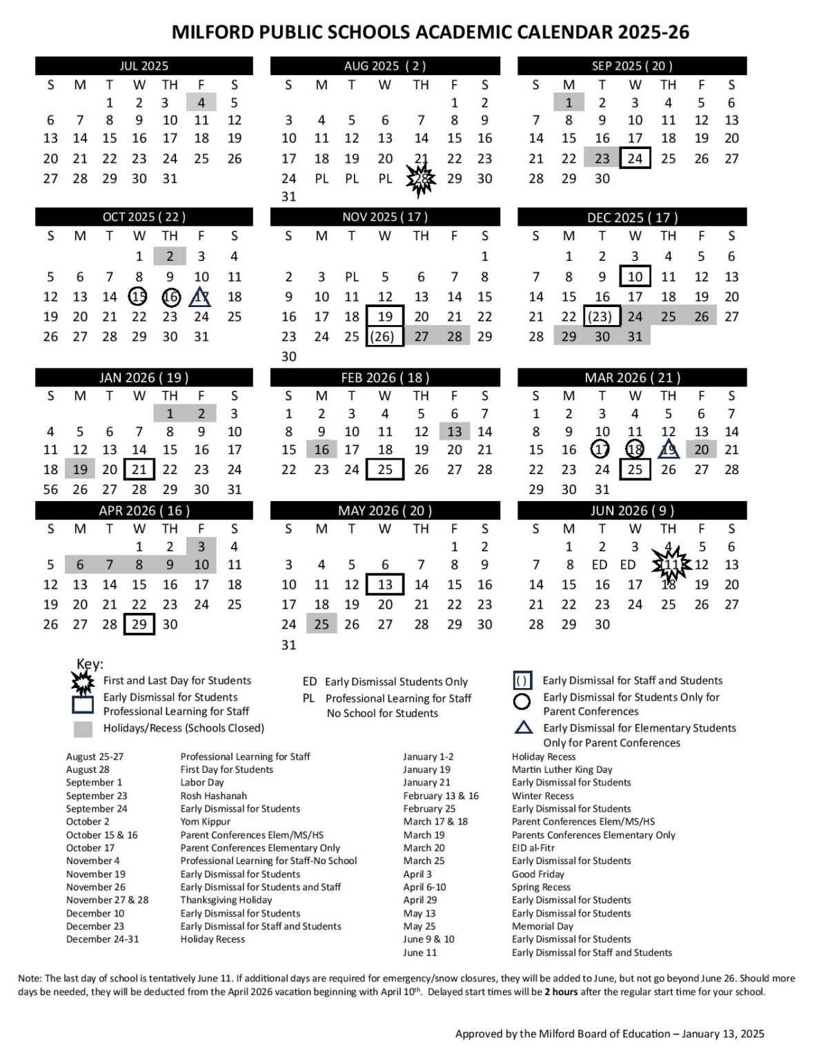 Milford Public Schools Calendar 2025 2026 in PDF Milford Public Schools Calendar 2025 2026 in PDF