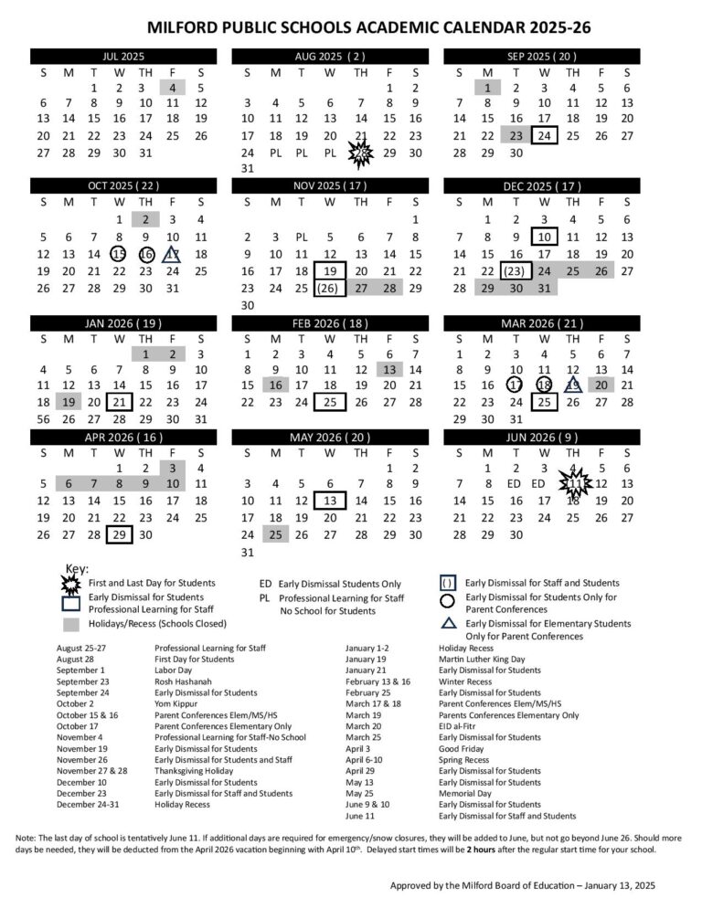 Milford Public Schools Calendar 2025 2026 in PDF Milford Public Schools Calendar 2025 2026 in PDF