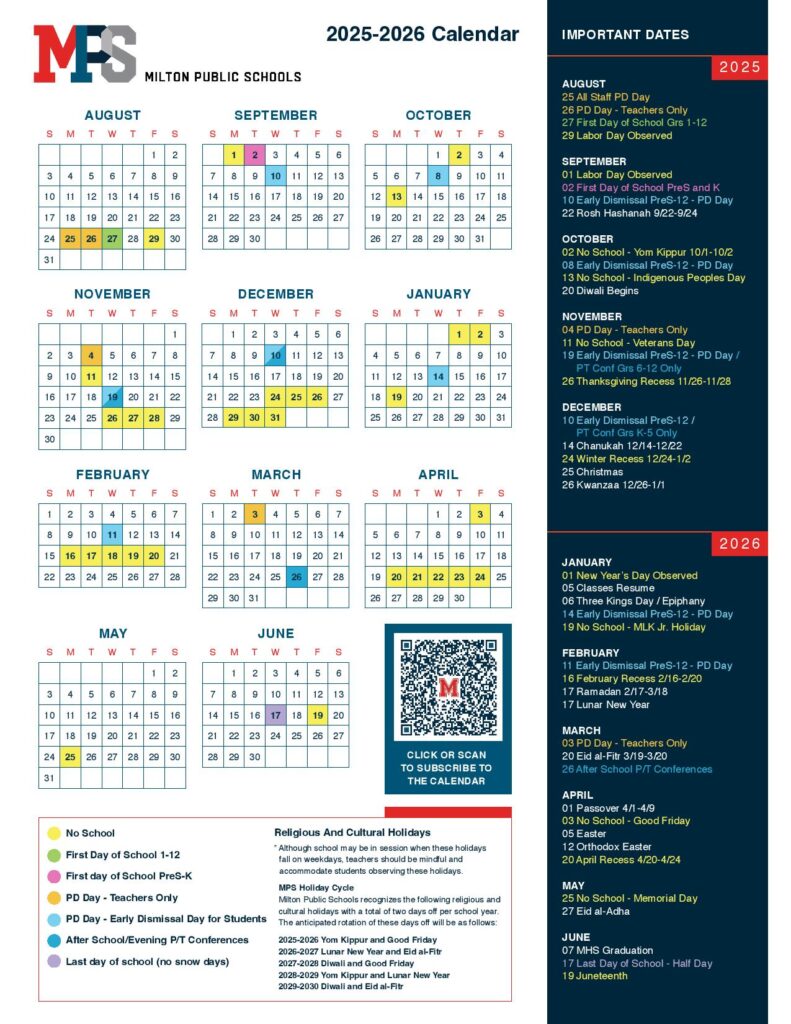 Milton Public Schools Calendar 2025