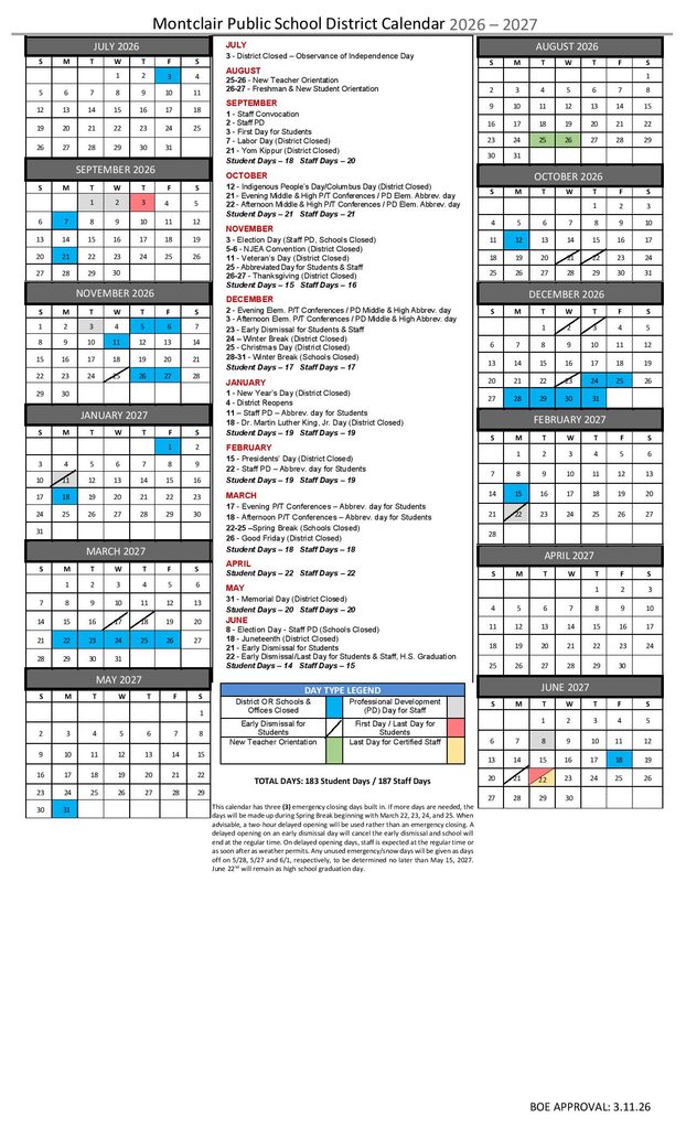 Montclair Public Schools Calendar 2026-2027
