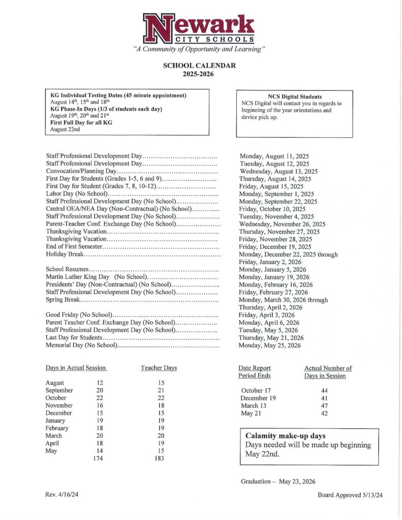 Newark City School District Calendar 2025-2026
