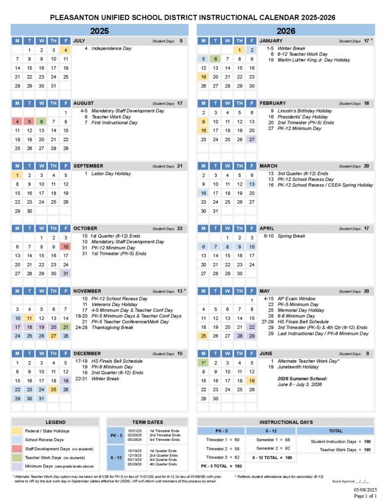 Pleasanton Unified School District Calendar 2025