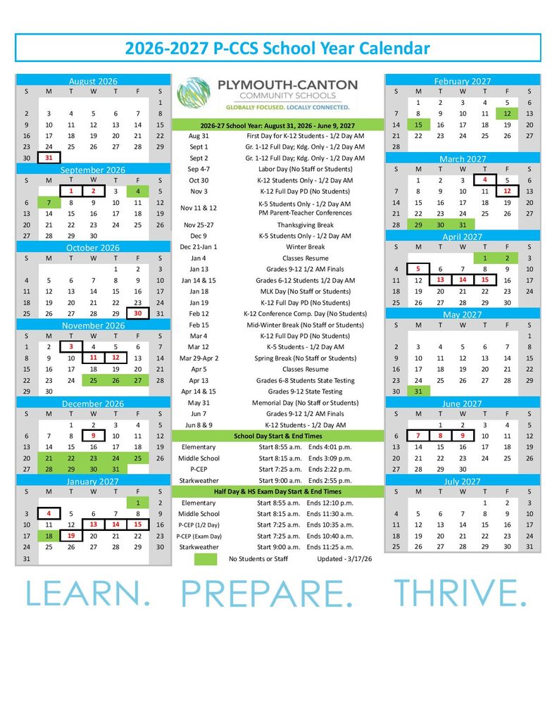 Plymouth Canton Schools Calendar 2026-2027