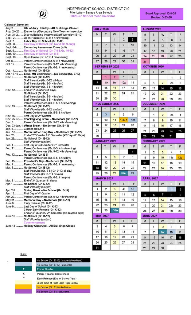 Prior Lake Schools Calendar 2026-2027