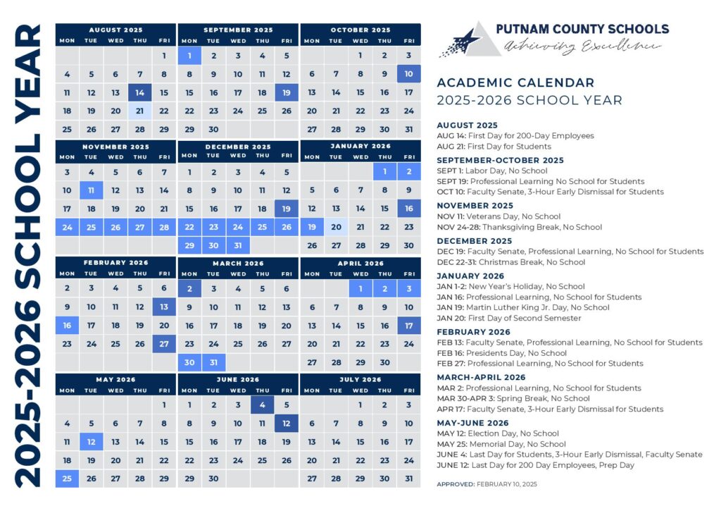 Putnam County Schools Calendar 2025-2026