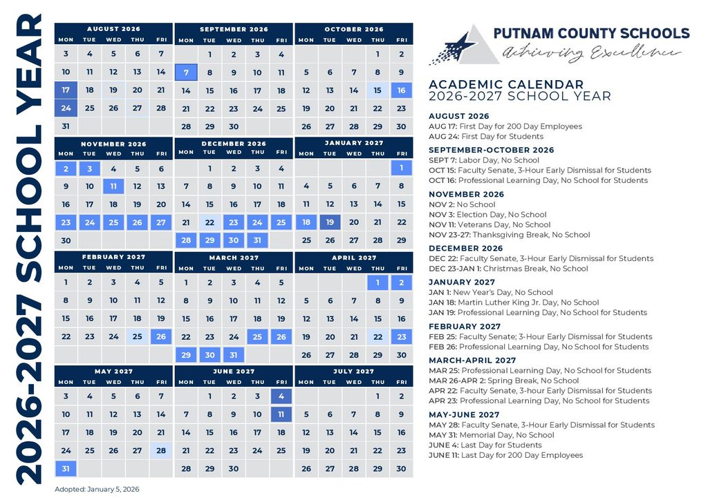 Putnam County Schools Calendar WV 2026-2027