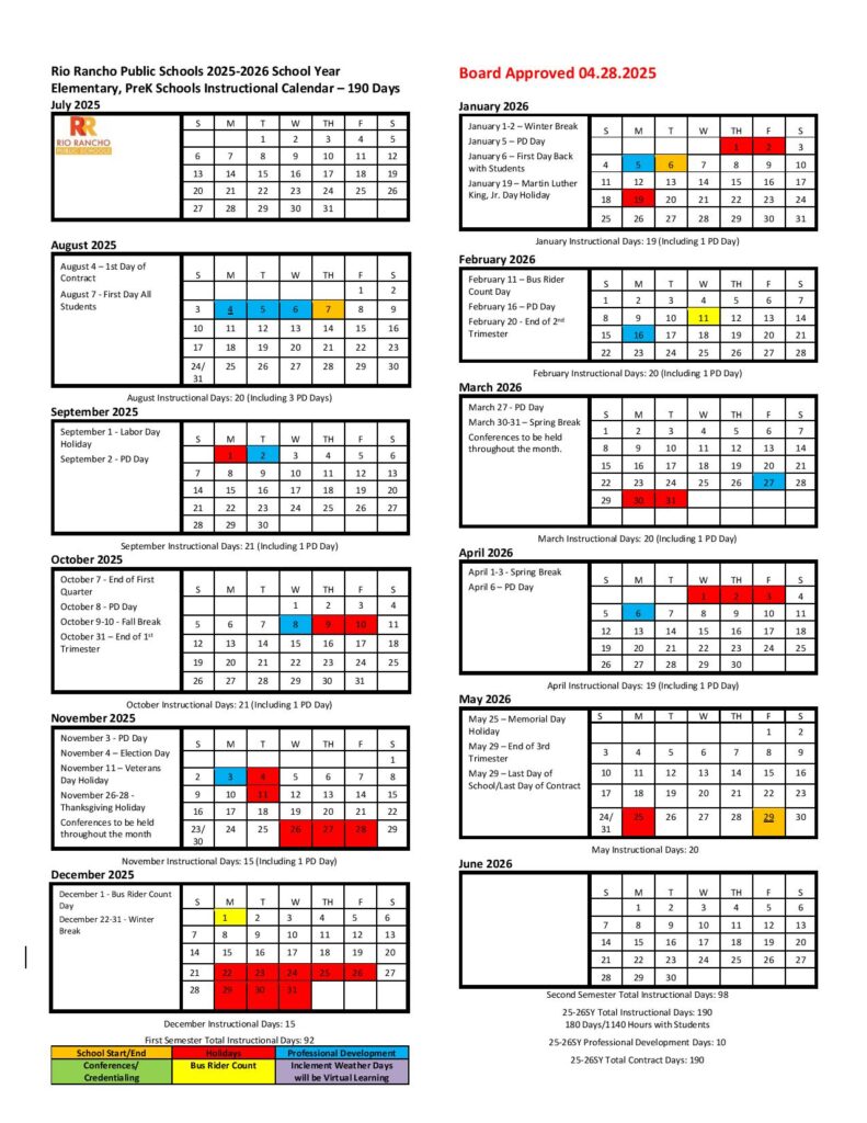 2025-2026 RRPS Elementary Instructional Calendar