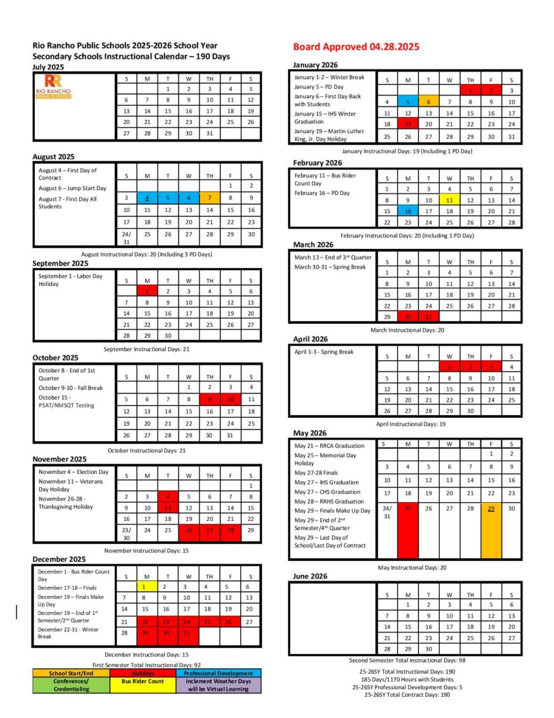 2025-2026 RRPS Secondary Instructional Calendar