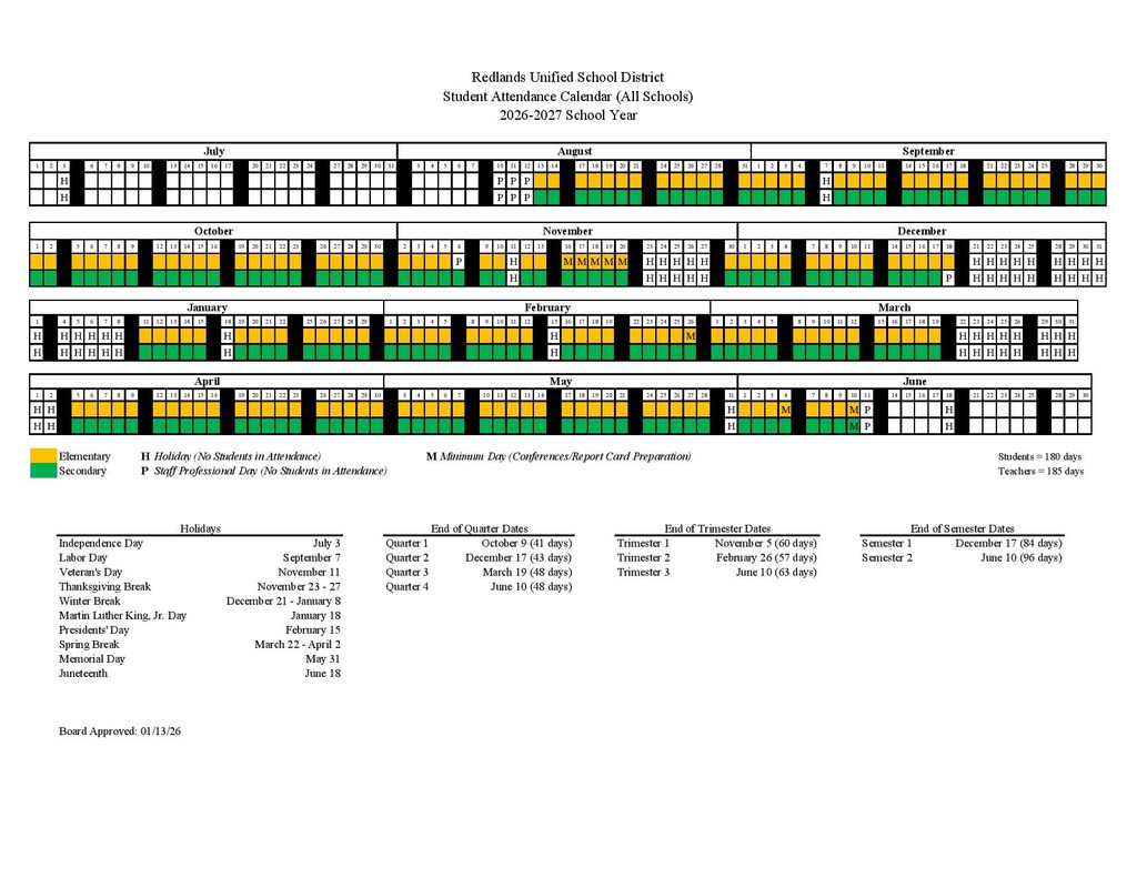 Redlands Unified School District Calendar 2026-2027