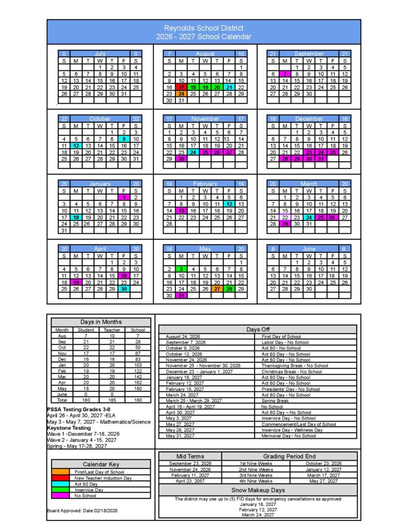 Reynolds School District Calendar 2026-2027