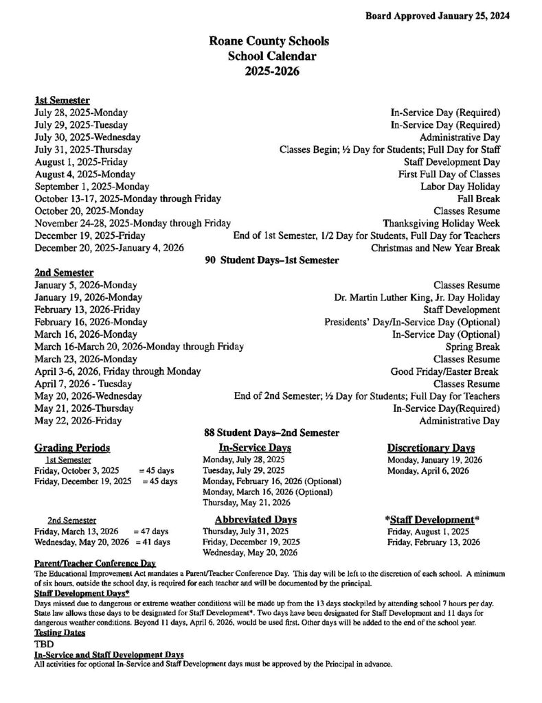Roane County Schools Calendar 2025