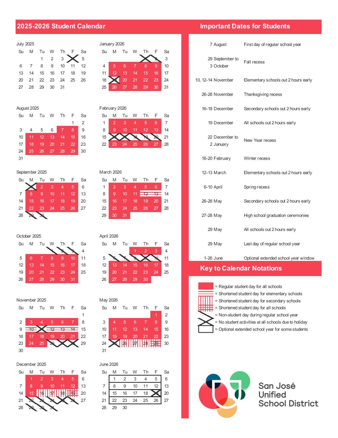 San Jose Unified School District Calendar 20252026 in PDF