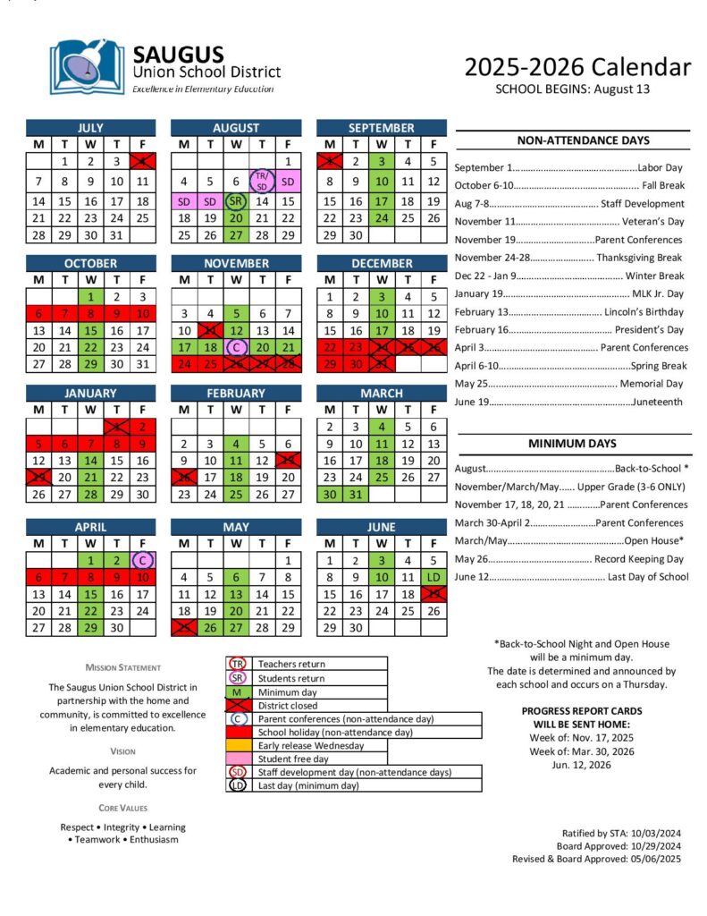 Saugus Union School District Calendar 2025-2026