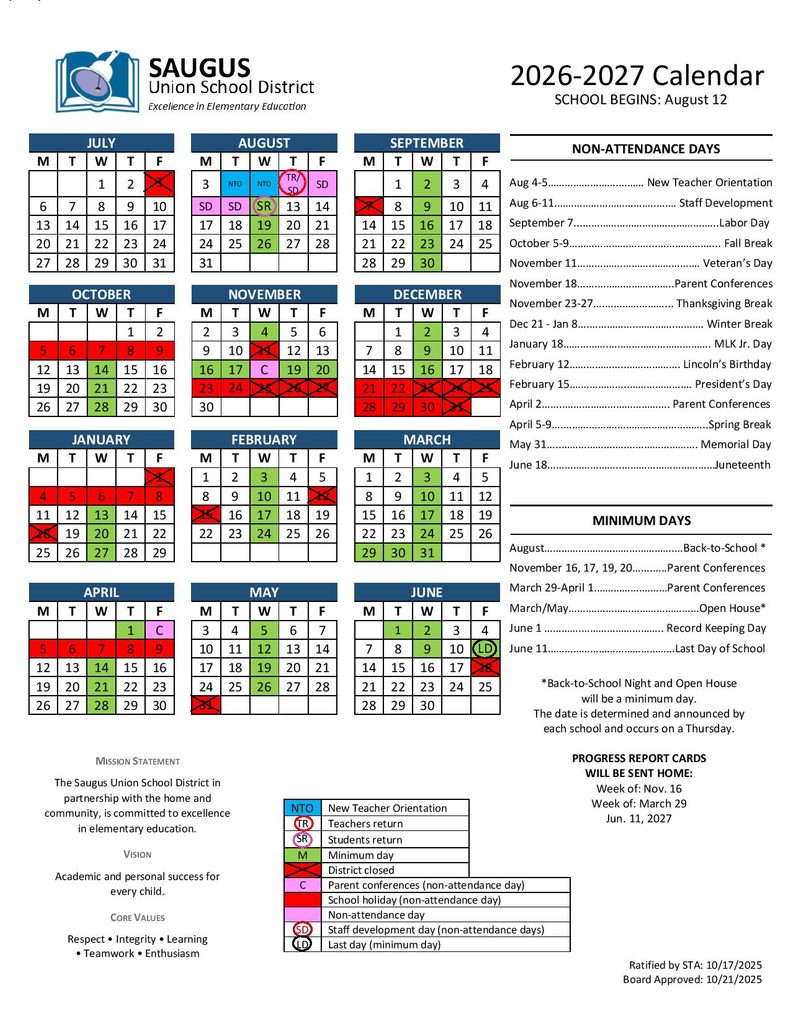 Saugus Union School District Calendar 2026-2027