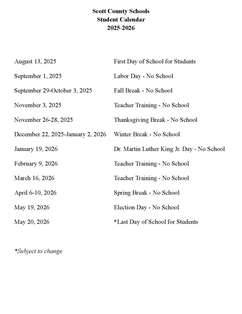 Scott County Schools Calendar 2025-2026