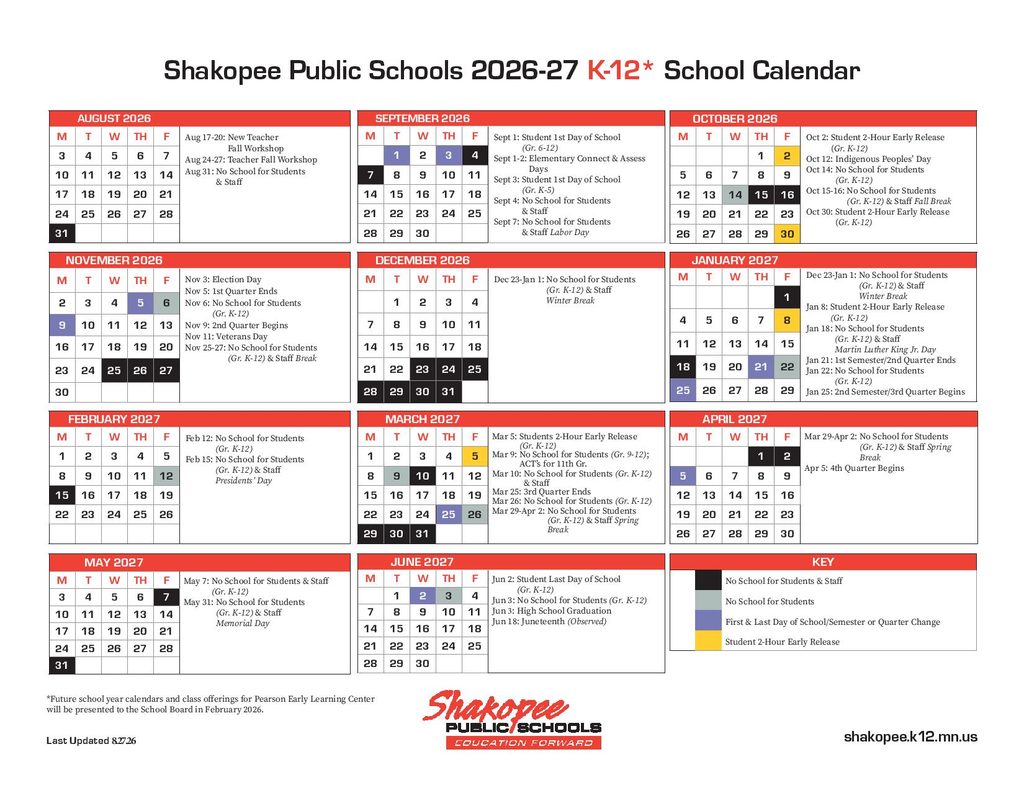 Shakopee Public Schools Calendar 2026-2027