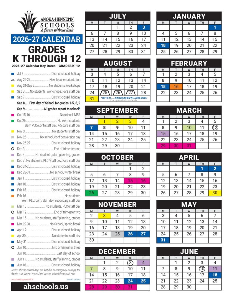 Anoka-Hennepin School Calendar 2026-2027