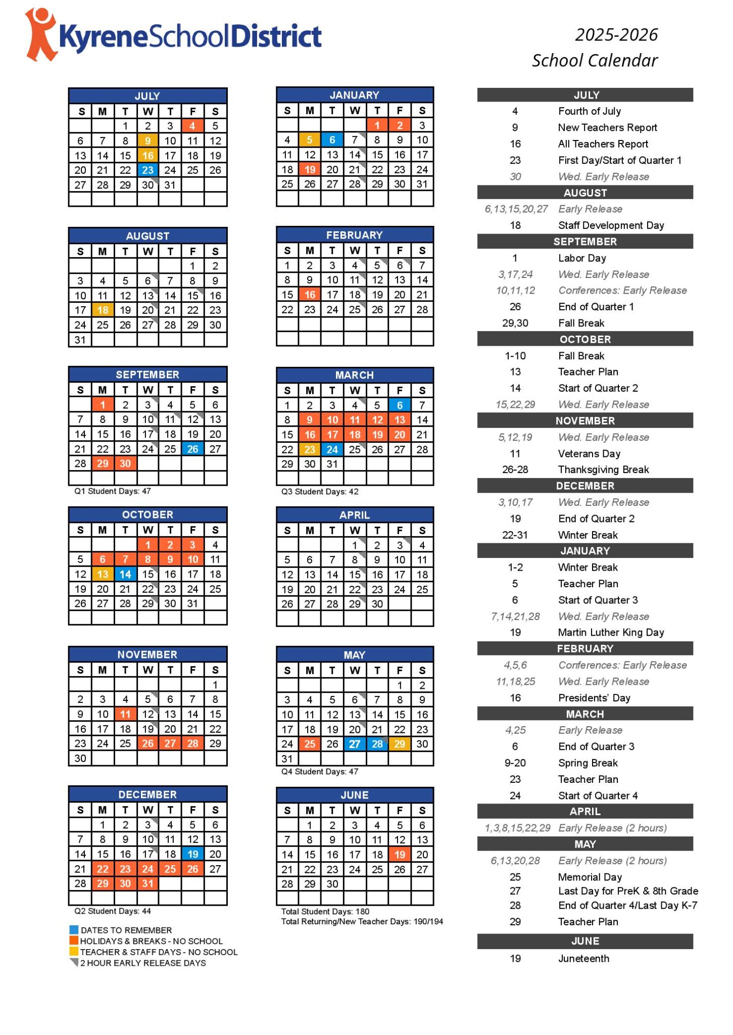 Kyrene School District Calendar 2025 2026 in PDF