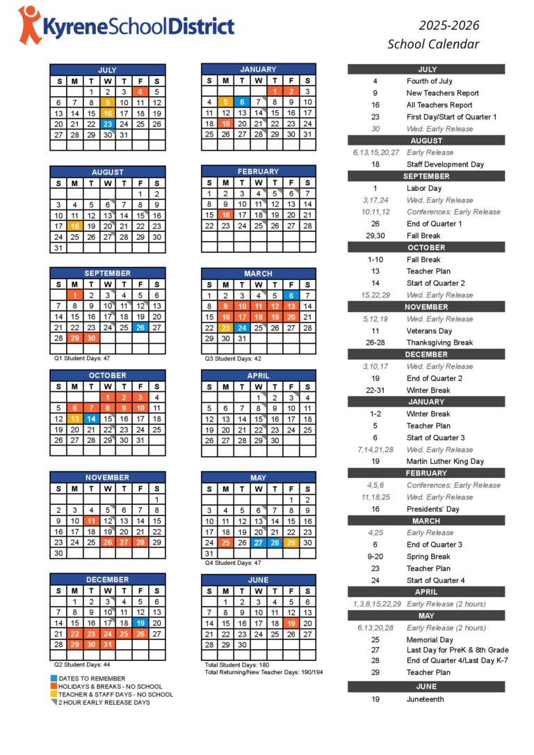 Kyrene School District Calendar 2025-2026 in PDF