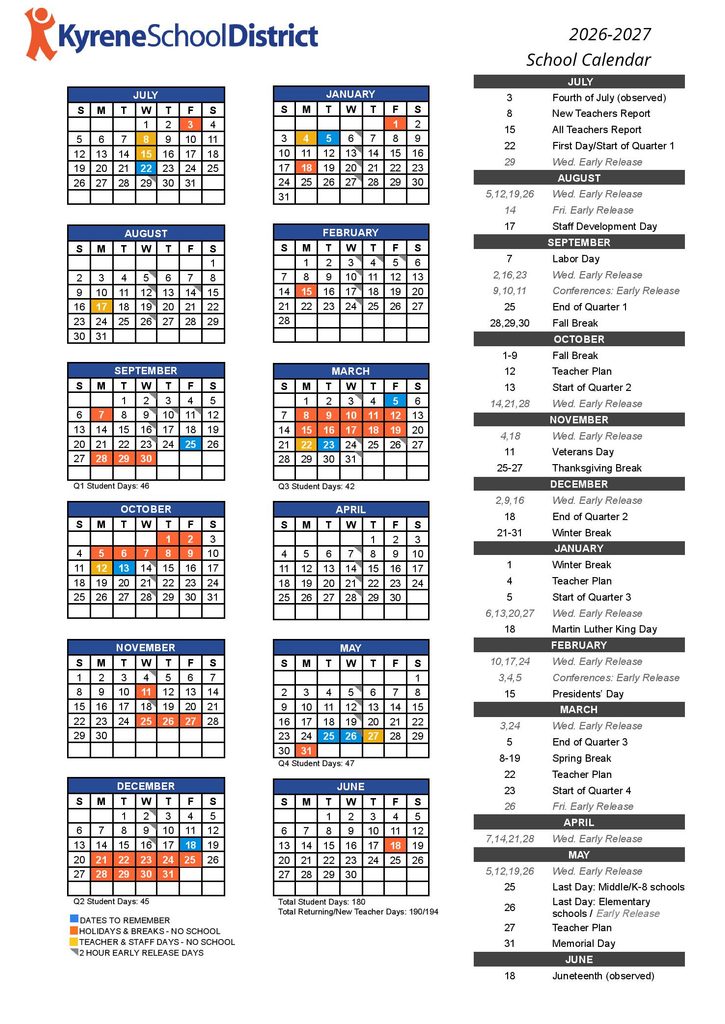 Kyrene School District Calendar 2026-2027