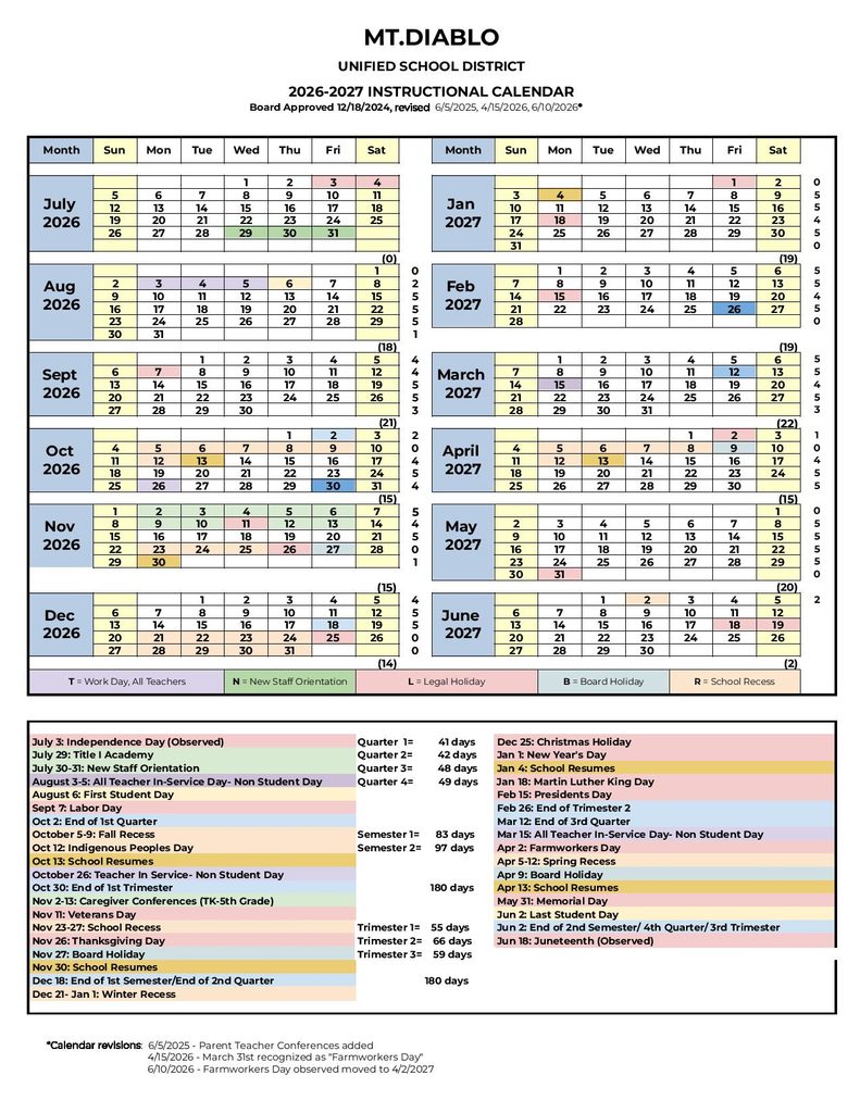 MT Diablo Unified School District Calendar 2026-2027