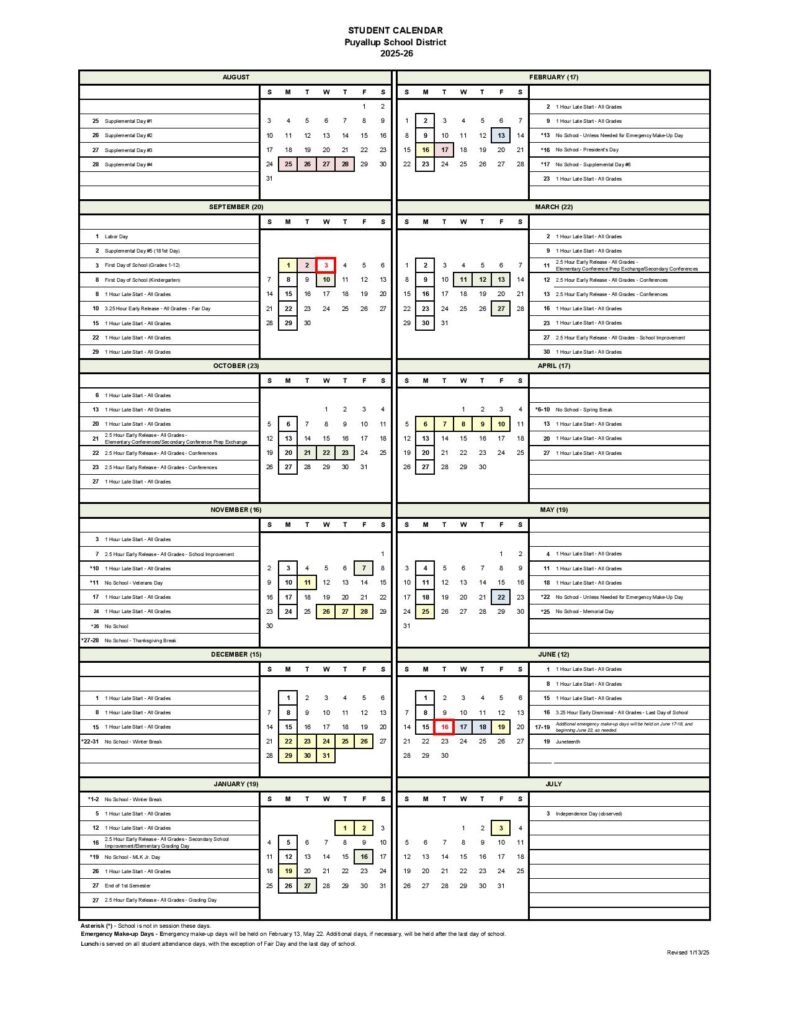 Puyallup School District Calendar 2025-2026