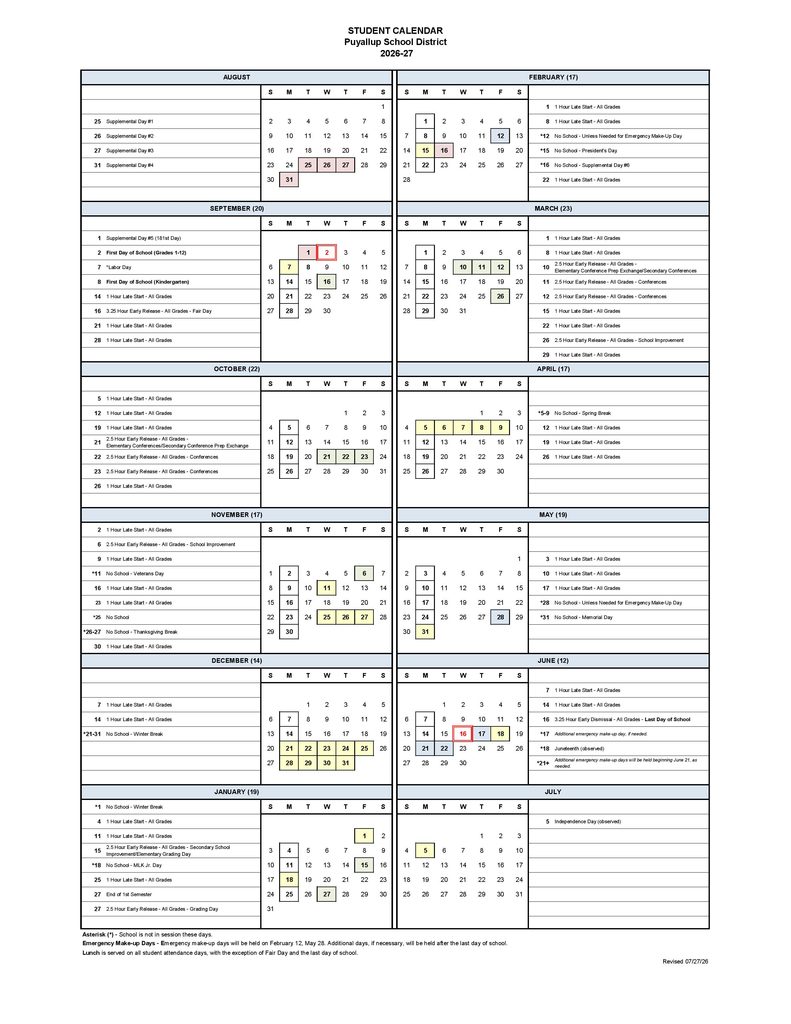 Puyallup School District Calendar 2026-2027