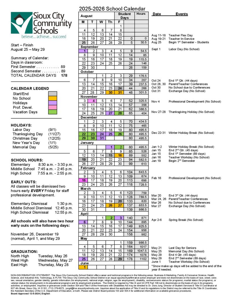Sioux City School District Calendar 2025-2026