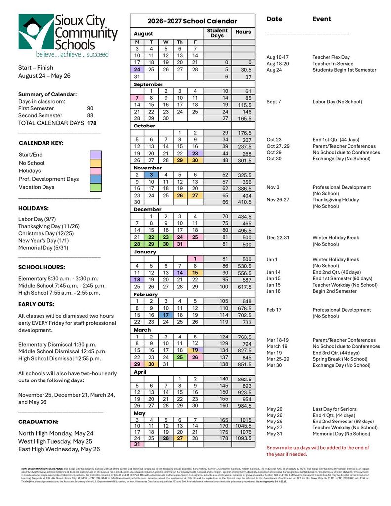 Sioux City School District Calendar 2026-2027