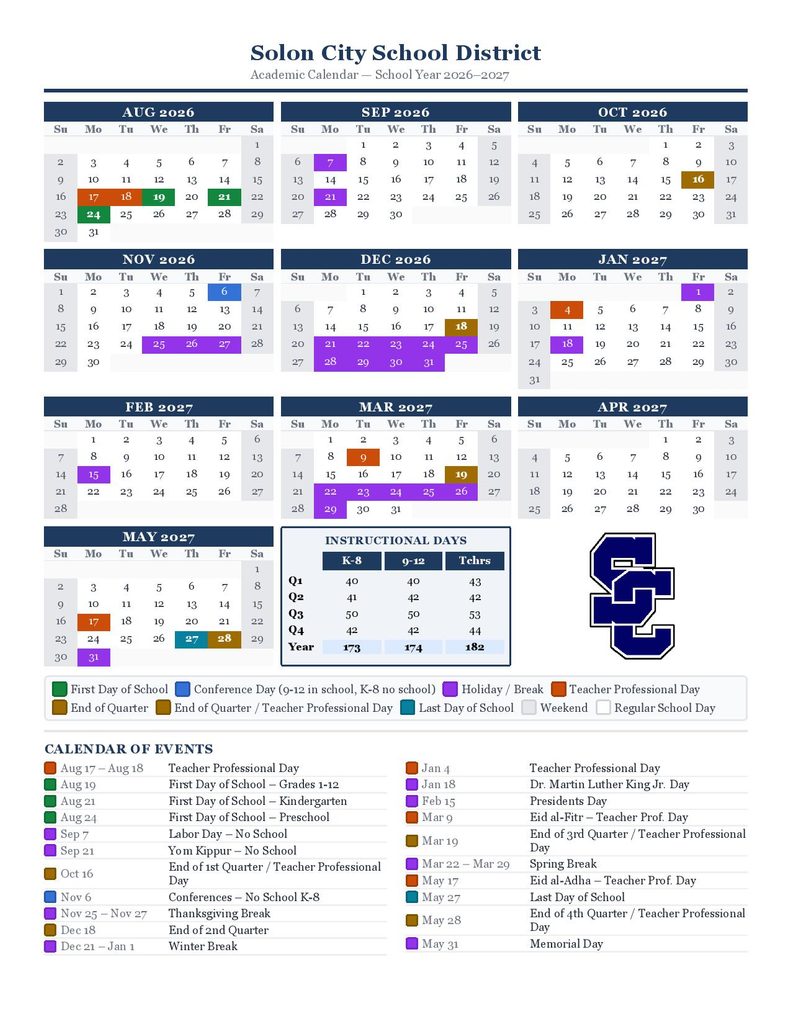 Solon City School District Calendar 2026-2027