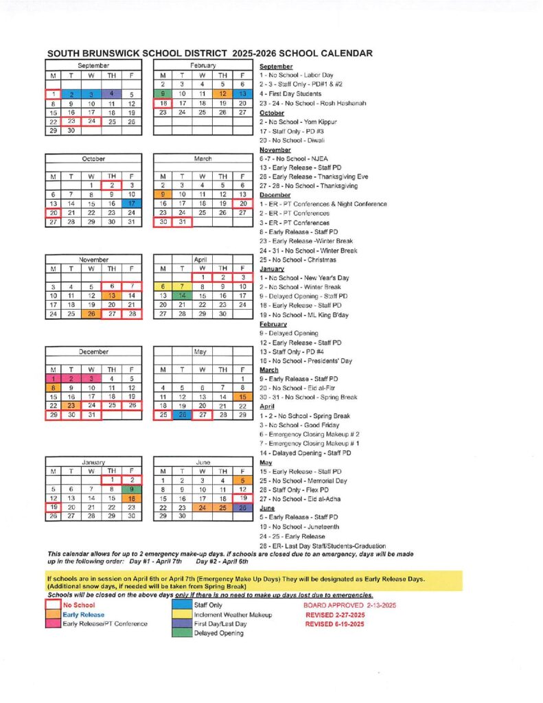 South Brunswick Schools Calendar 2025-2026