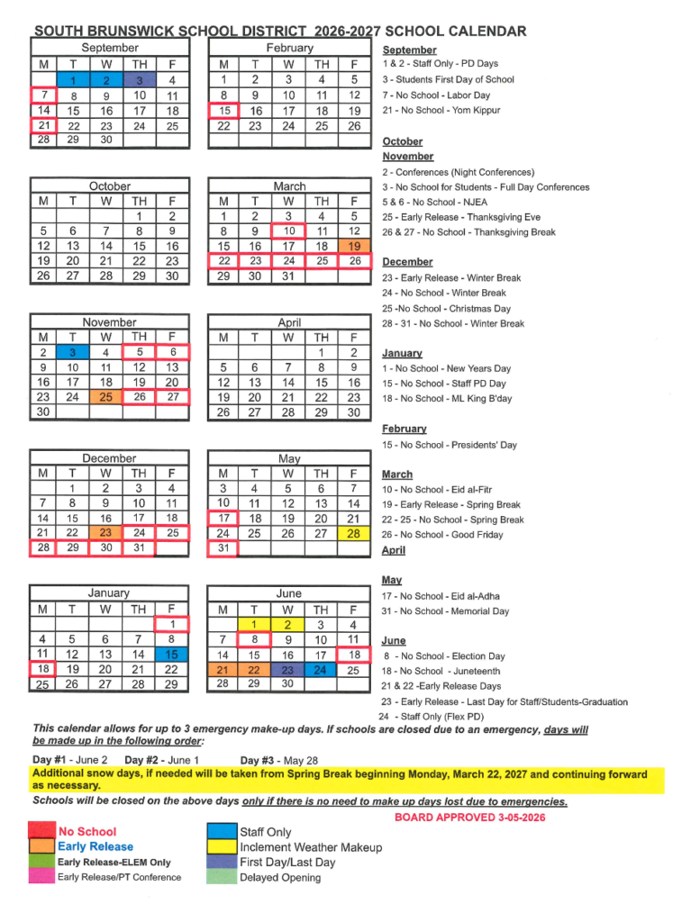 South Brunswick Schools Calendar 2026-2027