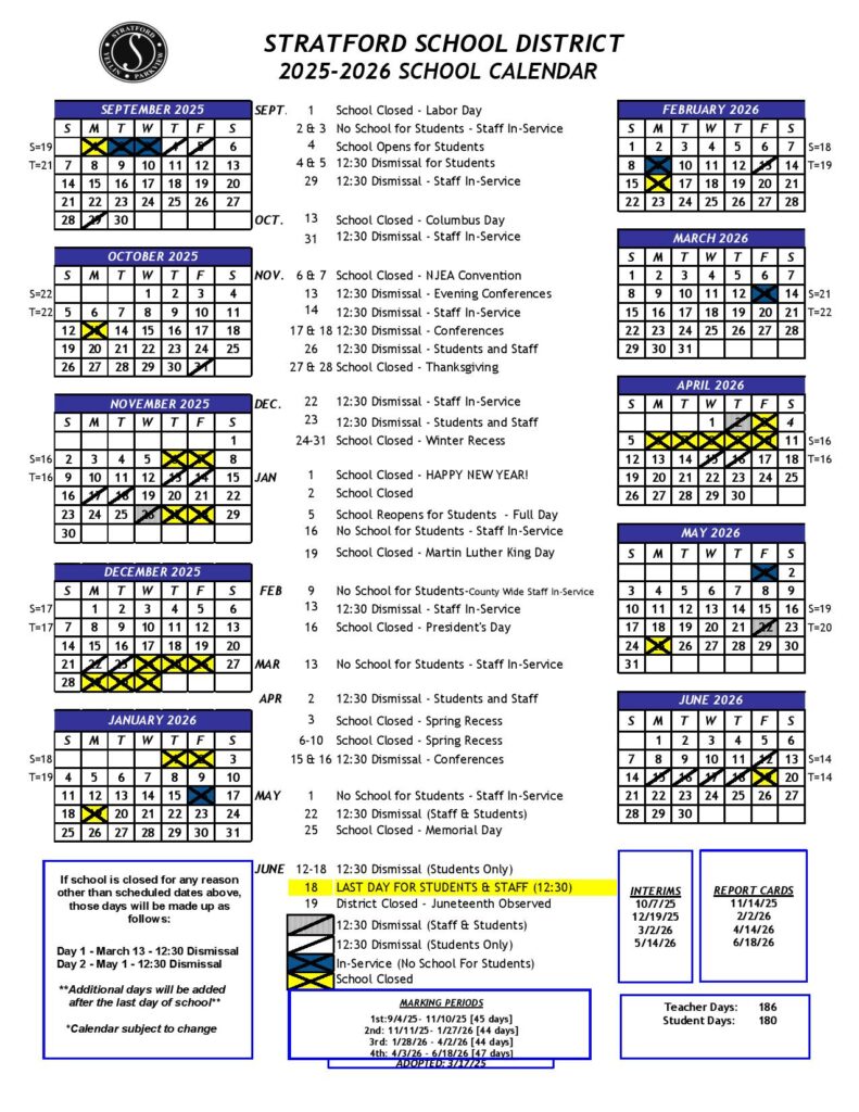 Stratford School District Calendar 2025-2026
