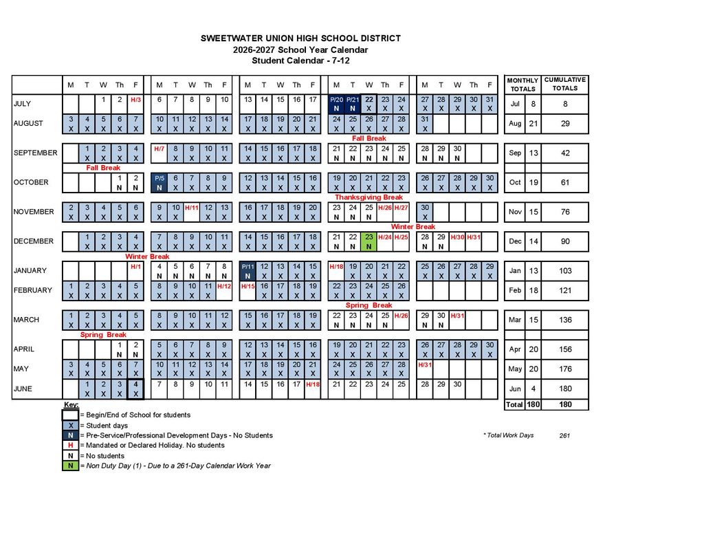 Sweetwater Union High School District Calendar 2026-2027