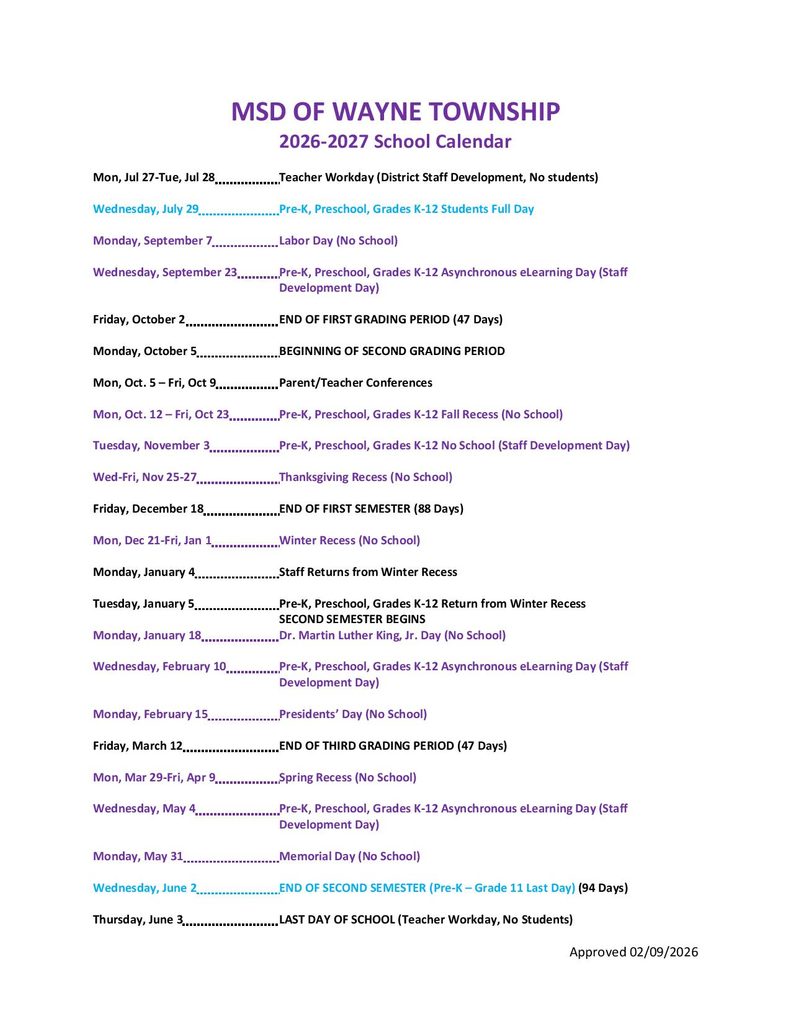 Wayne Township School Calendar 2026-2027