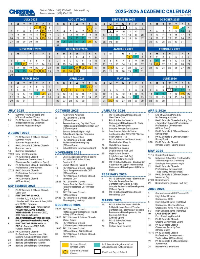 Christina School District Calendar 2025-2026