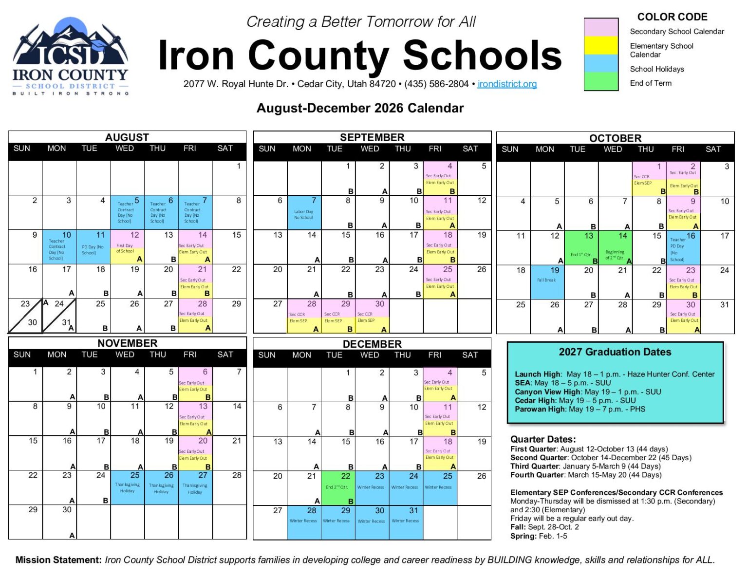 Iron County School District Calendar 20262027 in PDF