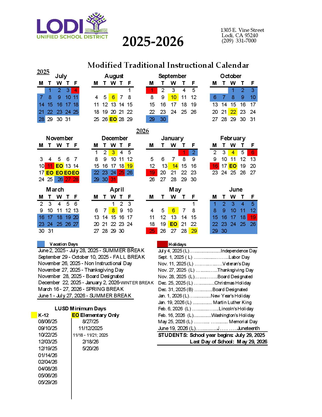 Lodi Unified School District Calendar 2025 2026 in PDF School