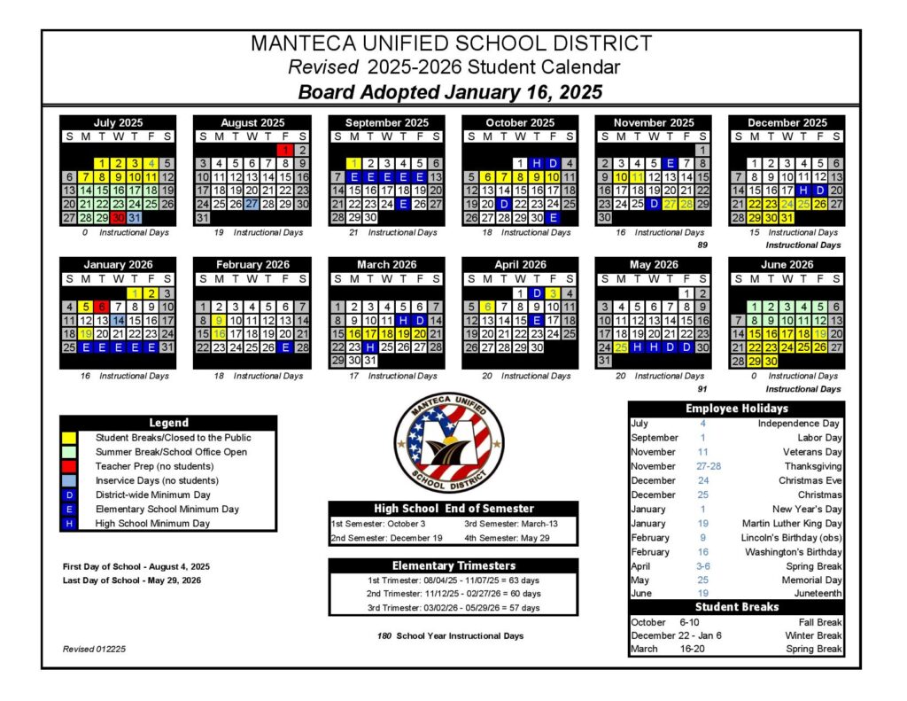 Manteca Unified School District Calendar 2025-2026