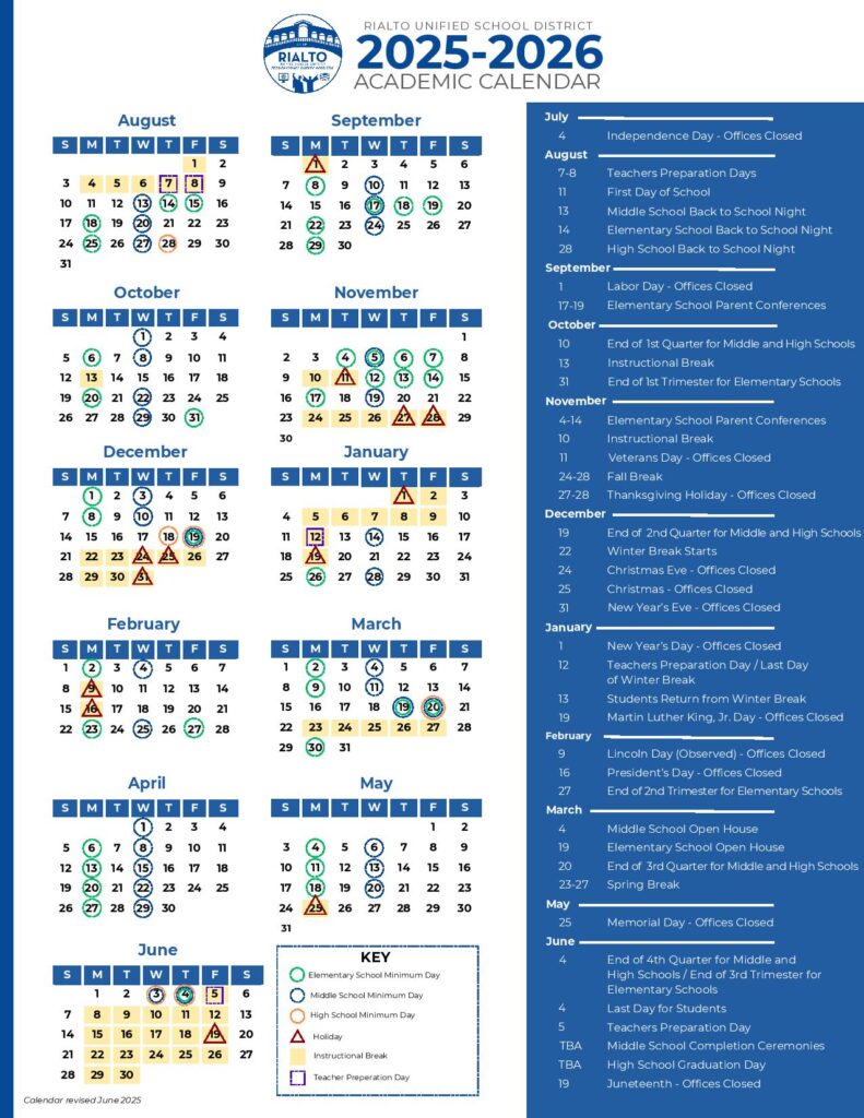 Rialto Unified School District Calendar 2025-2026